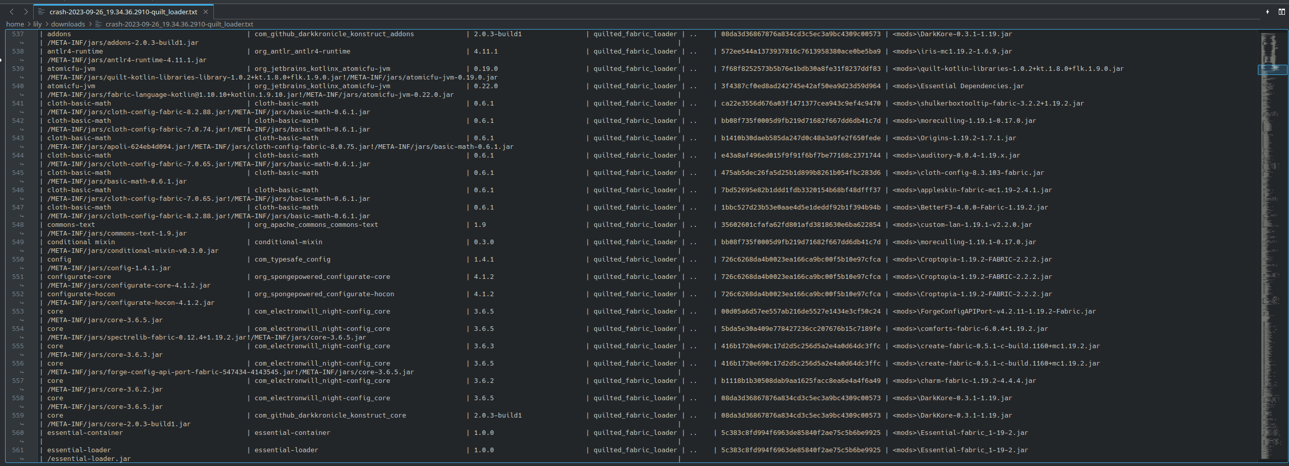 An image of the mod table at work in a log file.